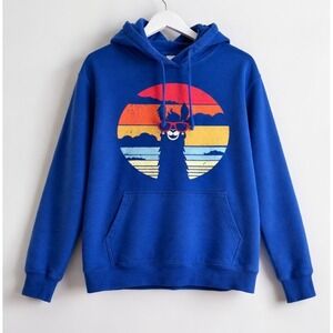 Retro Llama Hoodie Sunset Graphic Alpaca Blue Pullover Sweatshirt L